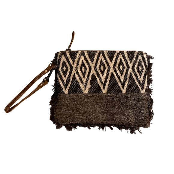 Myra Bag Second Impression Upcycled Canvas & Cowhide Leather Wristlet Western - Picture 1 of 5